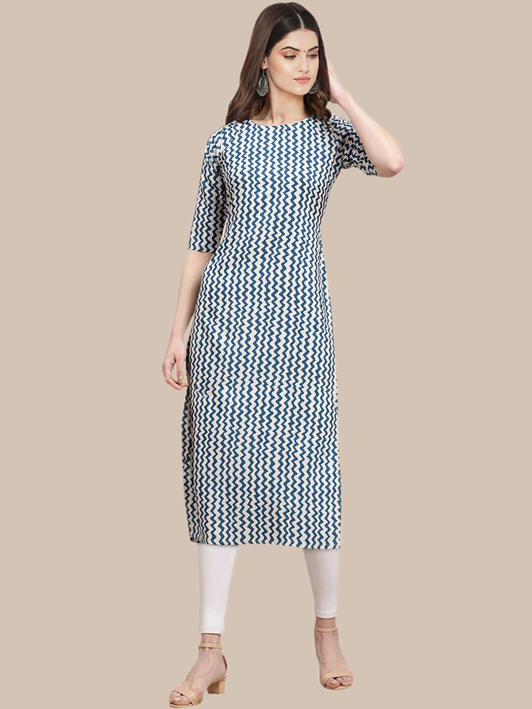 kalini women white & blue geometric printed crepe kurta