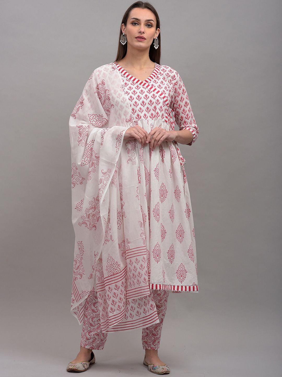 kalini women white & pink  printed angrakha pure cotton kurta & trousers with dupatta