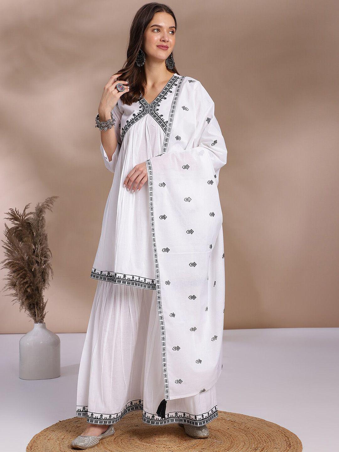 kalini women white embroidered empire pure cotton kurta with sharara & with dupatta