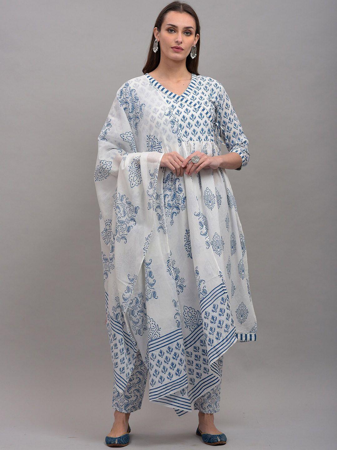 kalini women white ethnic motifs printed empire pure cotton kurta with trousers & with dupatta