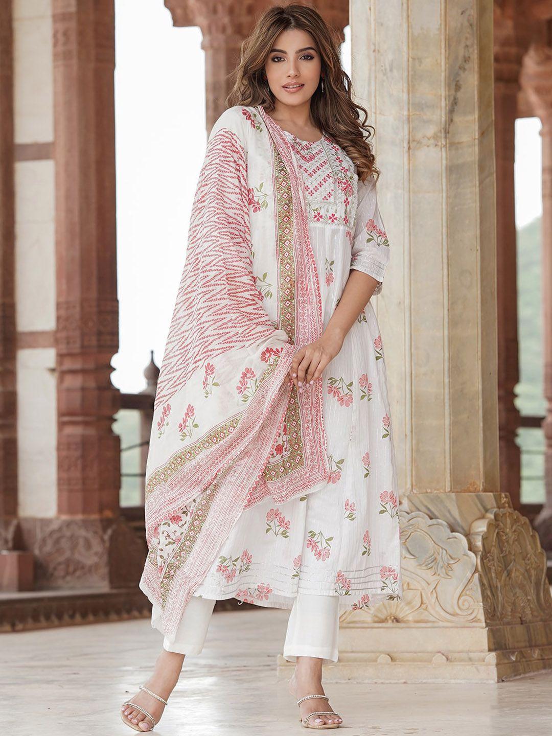 kalini women white ethnic motifs printed empire thread work pure cotton kurta with trousers & with dupatta