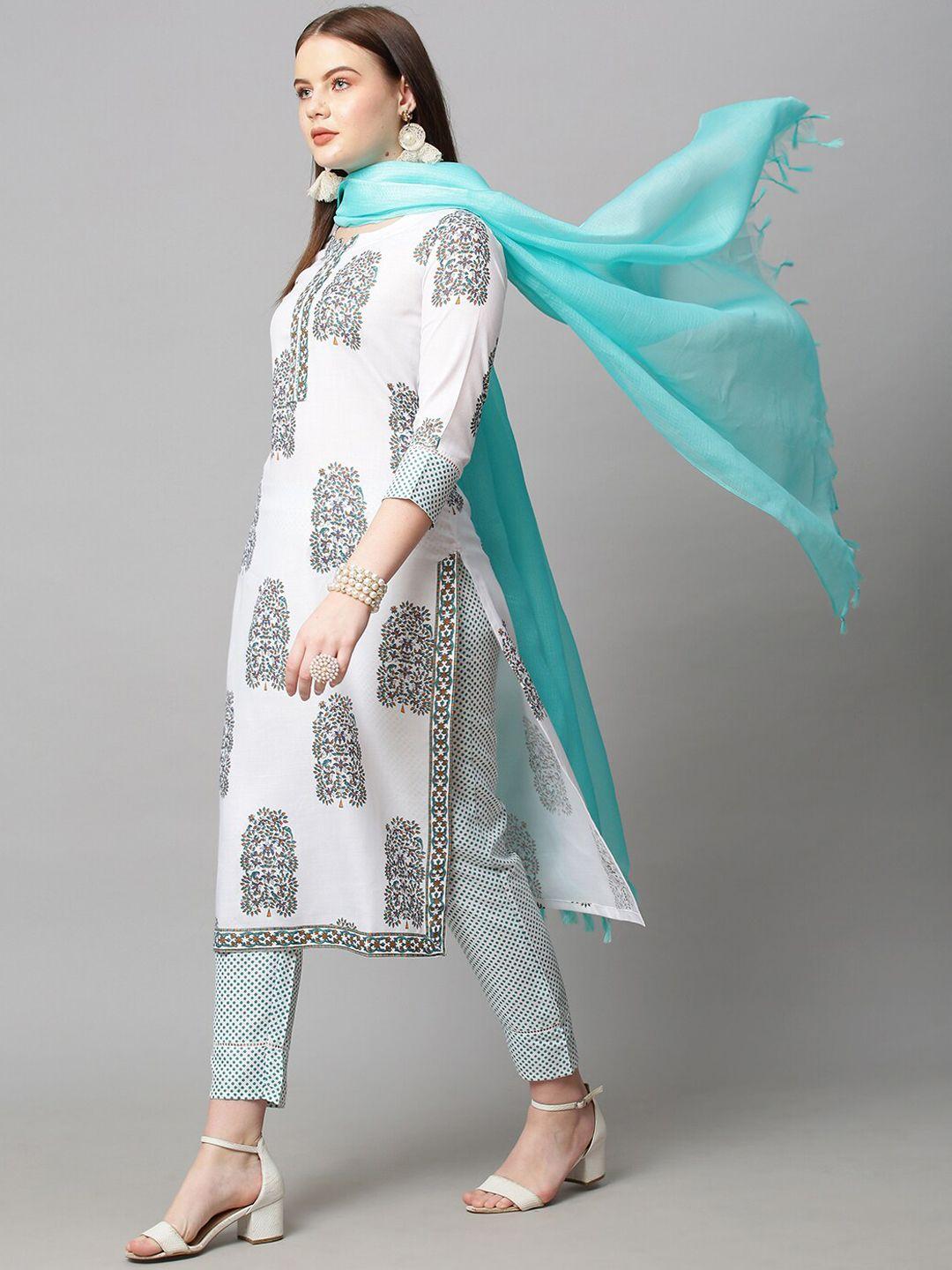 kalini women white ethnic motifs printed kurta with trouser & with dupatta