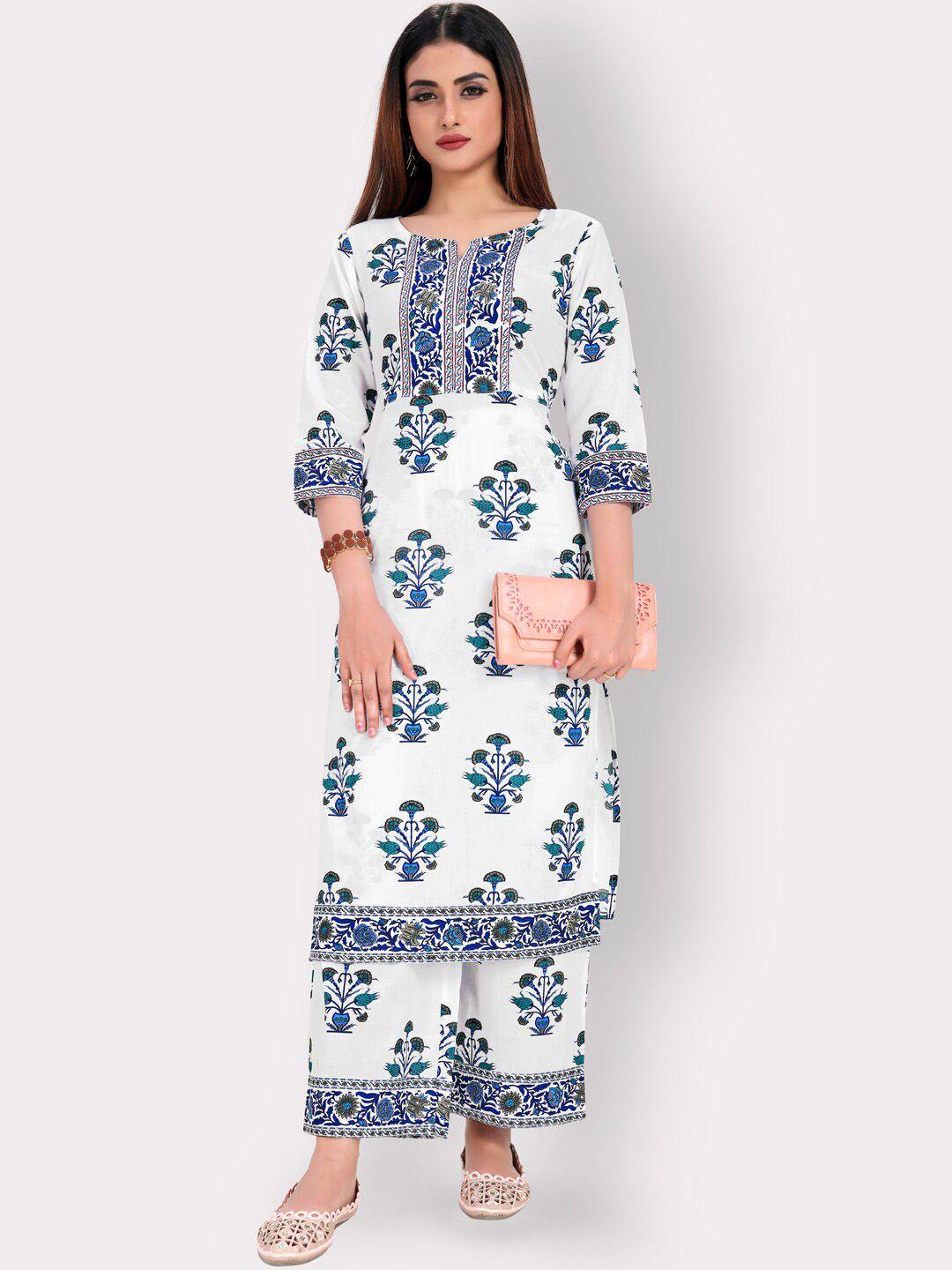 kalini women white ethnic motifs printed pure cotton kurta with palazzos