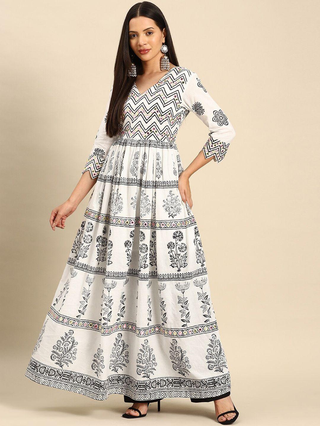 kalini women white ethnic motifs printed sequinned block print anarkali kurta