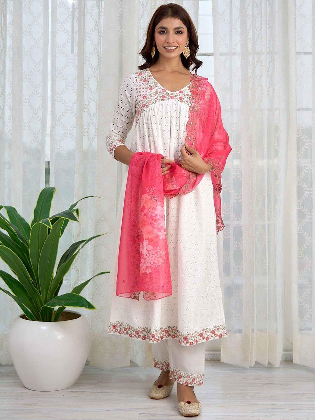 kalini women white floral embroidered pleated mirror work pure cotton kurta with trousers & with dupatta