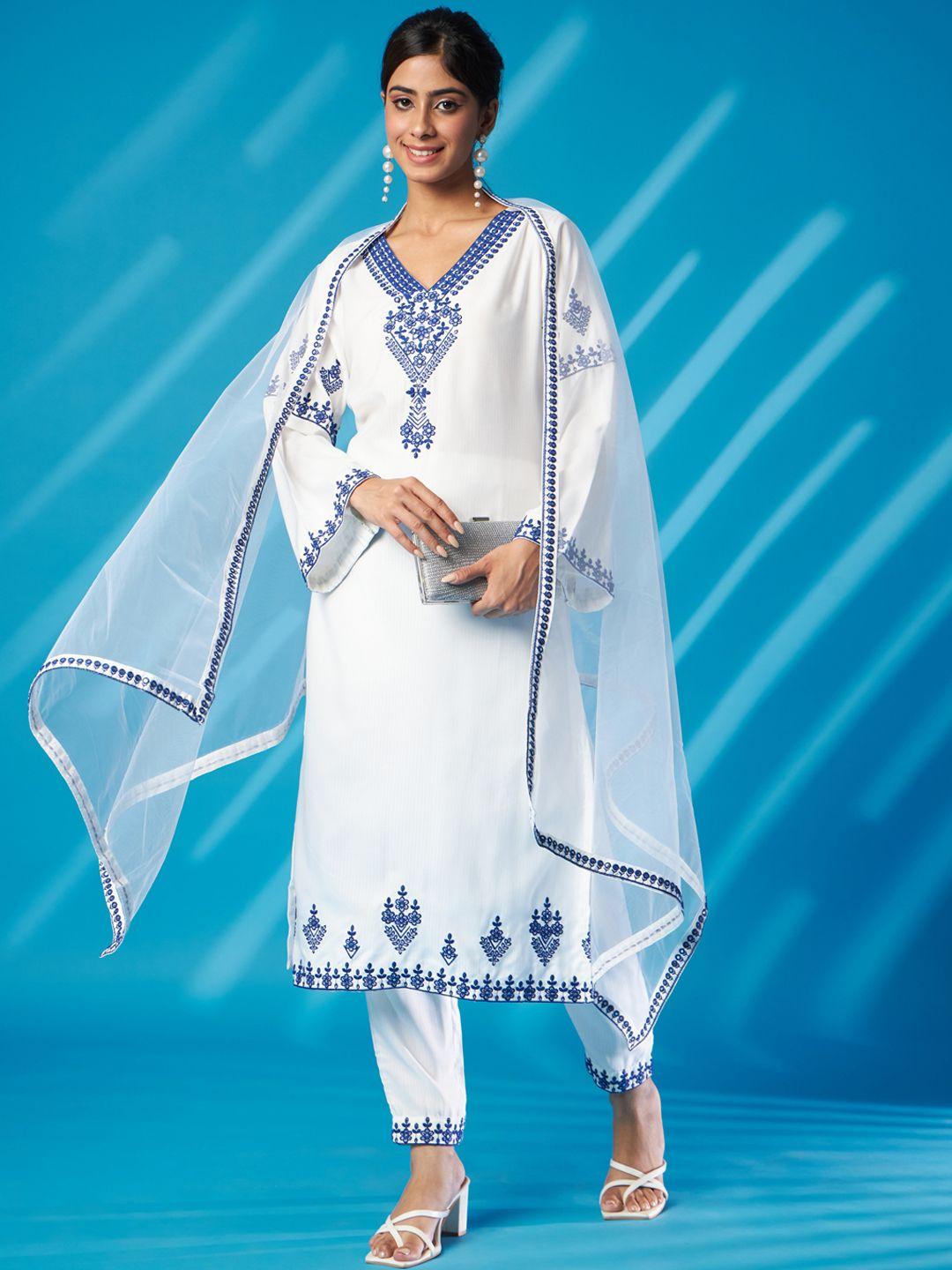 kalini women white floral embroidered regular kurta with trousers & with dupatta