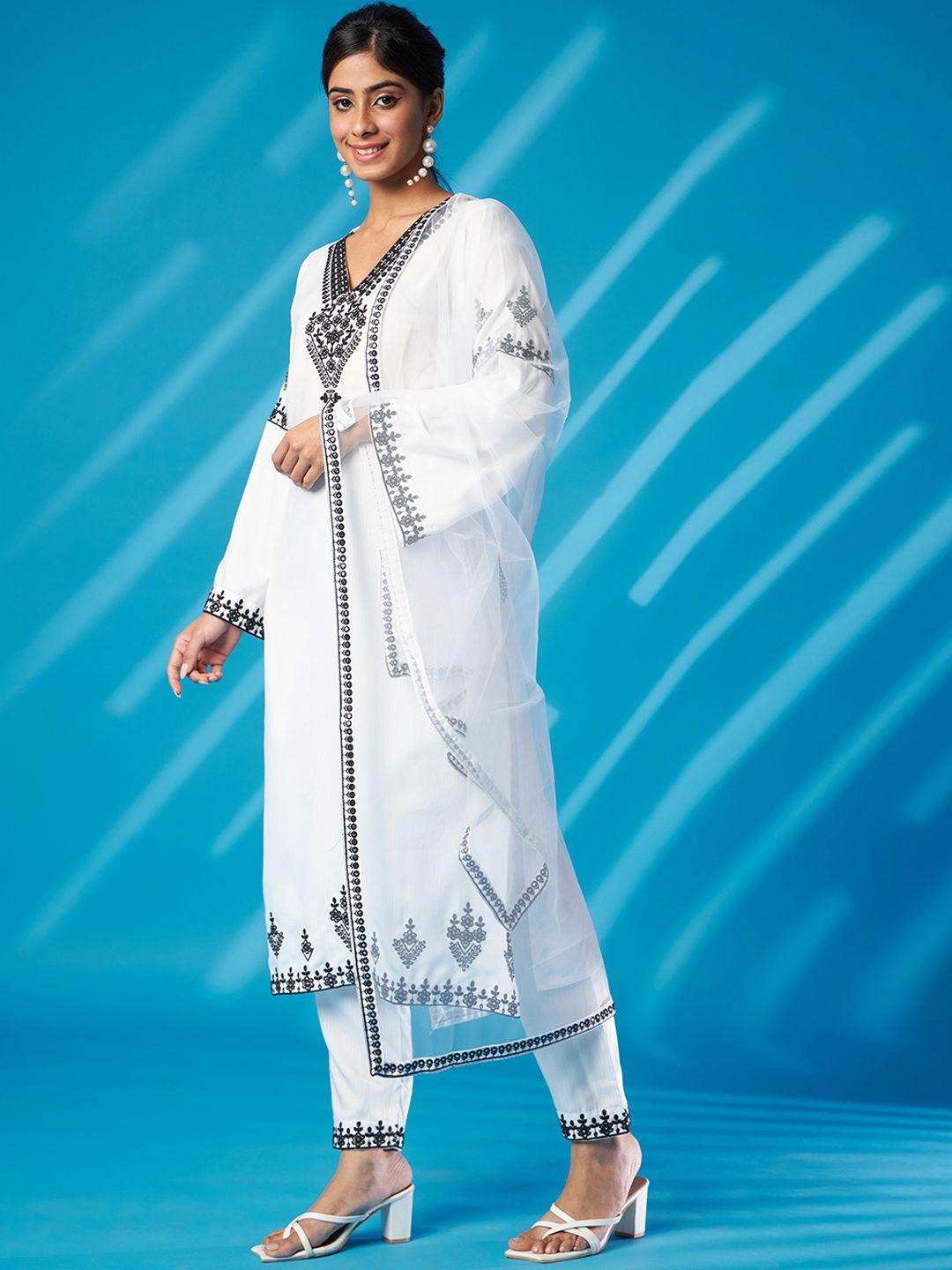 kalini women white floral embroidered regular kurta with trousers & with dupatta