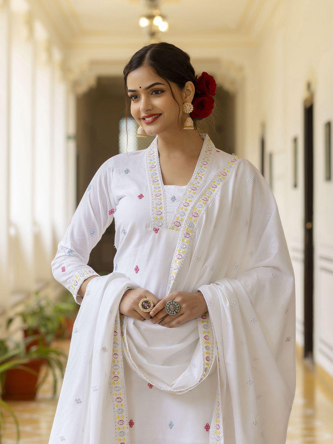 kalini women white floral embroidered regular mirror work pure cotton kurta with sharara & with dupatta