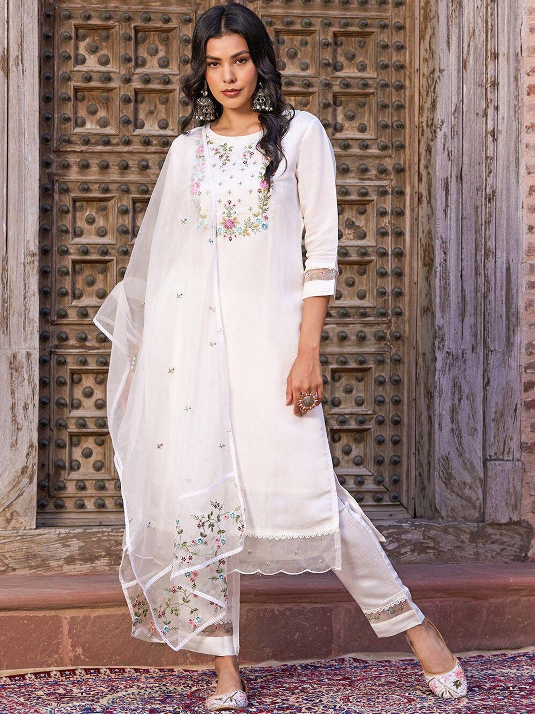 kalini women white floral embroidered regular thread work chanderi cotton kurta with trousers & with dupatta