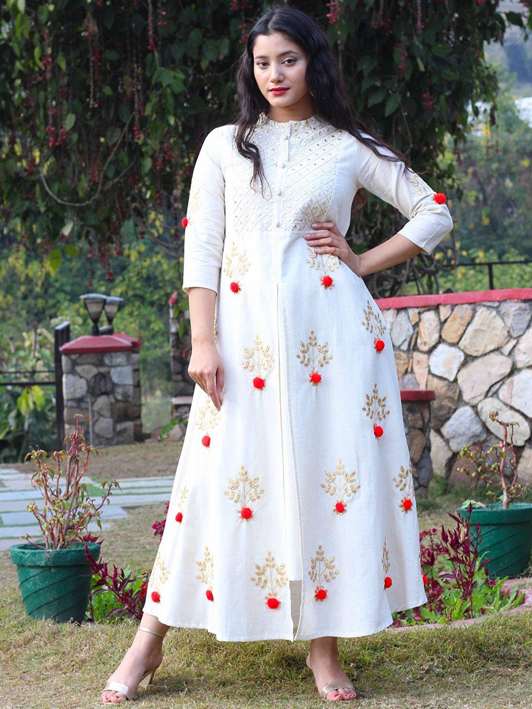 kalini women white geometric striped flared sleeves thread work anarkali kurta