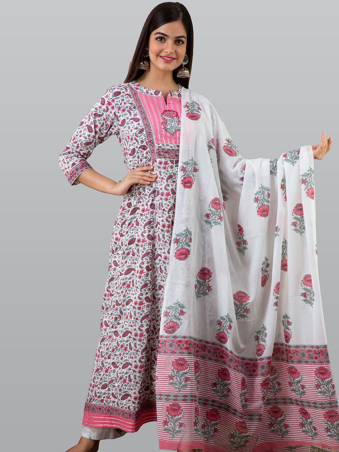 kalini women white printed empire pure cotton kurti with palazzos & dupatta