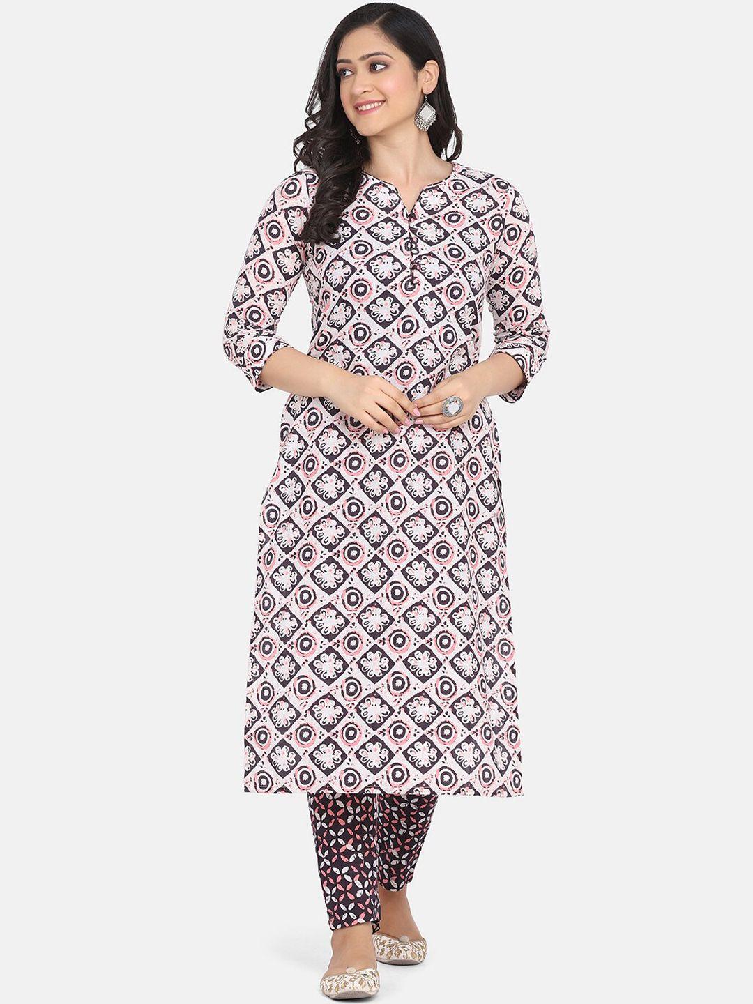 kalini women white printed regular pure cotton kurta with trousers & with dupatta