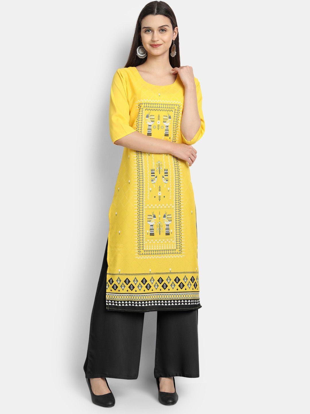 kalini women yellow & black ethnic motifs printed crepe straight kurta