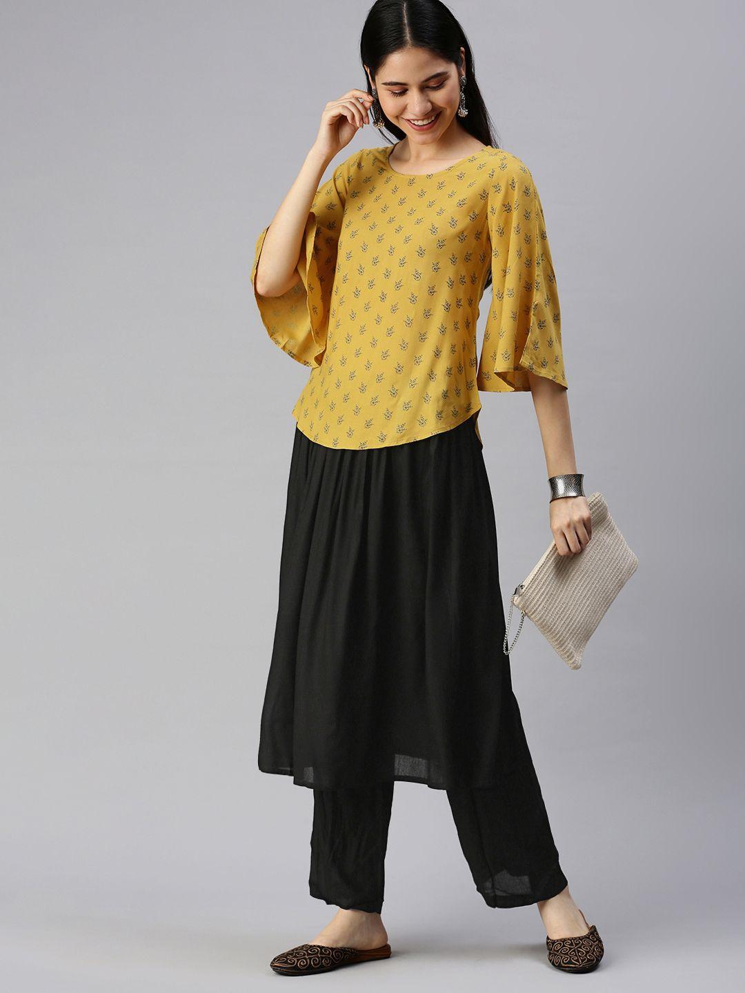 kalini women yellow & black ethnic motifs printed kurta with palazzos