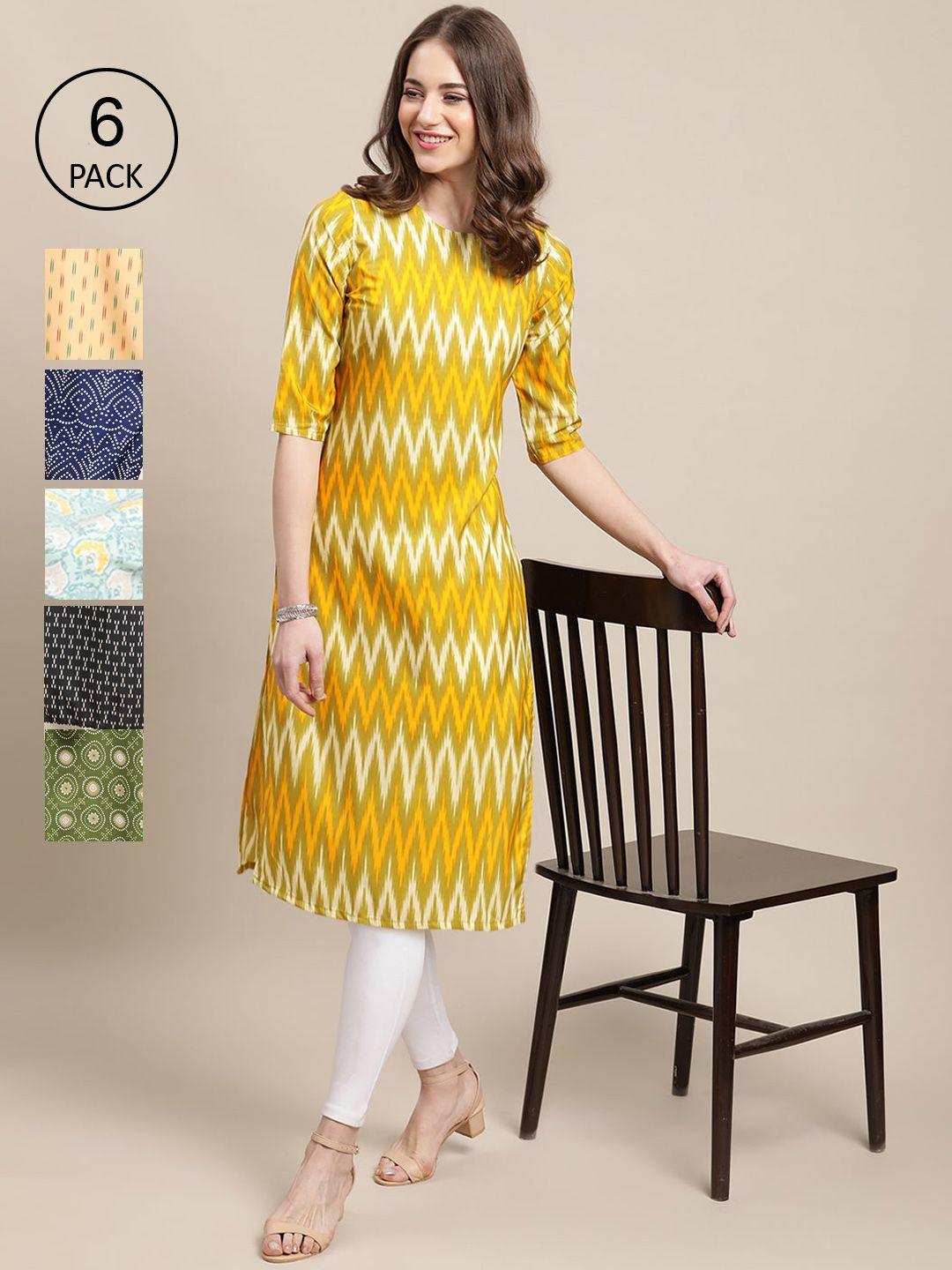 kalini women yellow & blue ethnic motifs printed block print crepe kurta