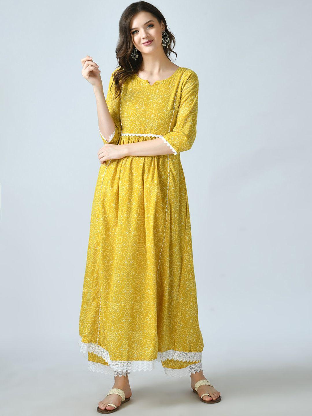 kalini women yellow bandhani printed pleated kurta with trousers