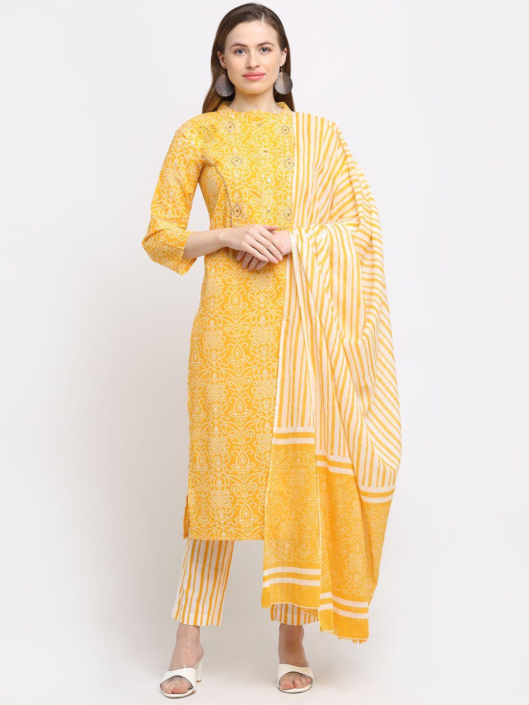 kalini women yellow bandhani printed pure cotton kurta with trousers & with dupatta