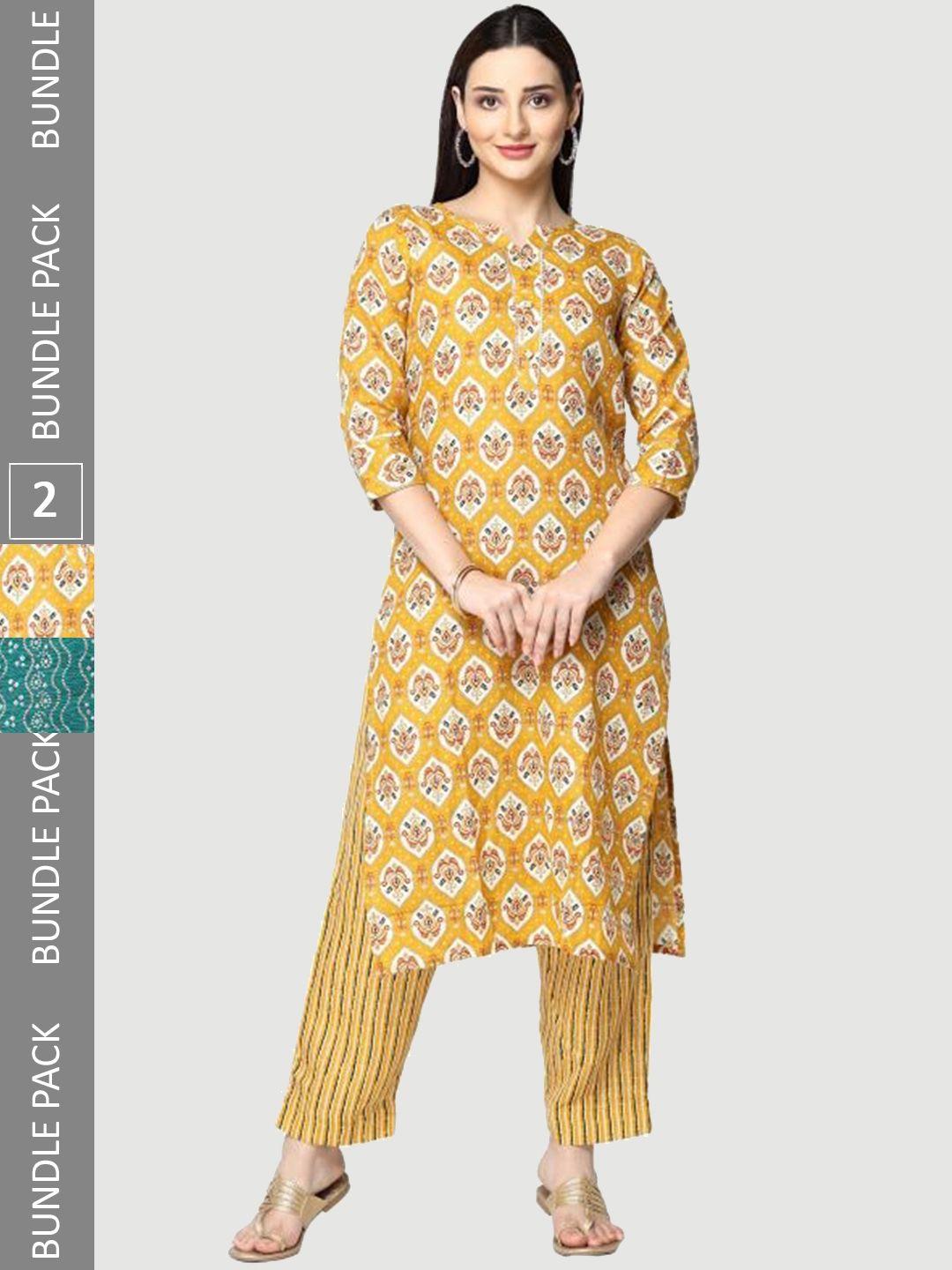 kalini women yellow bandhani printed regular pure cotton kurti with trousers