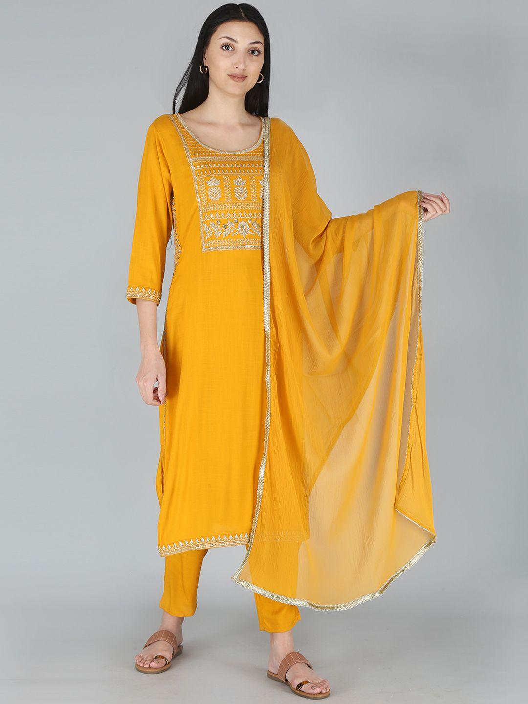 kalini women yellow embroidered pleated zardozi kurta with churidar & with dupatta