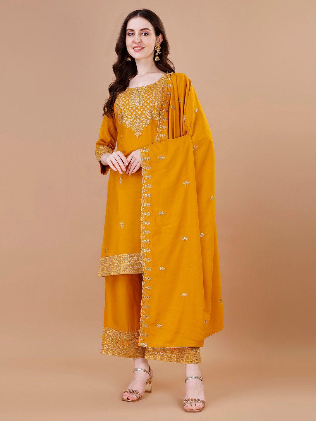 kalini women yellow ethnic motifs embroidered regular thread work kurta with trousers & with dupatta