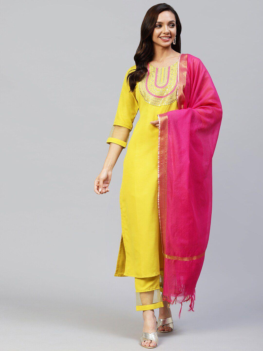 kalini women yellow ethnic motifs embroidered thread work kurta with trousers & with dupatta
