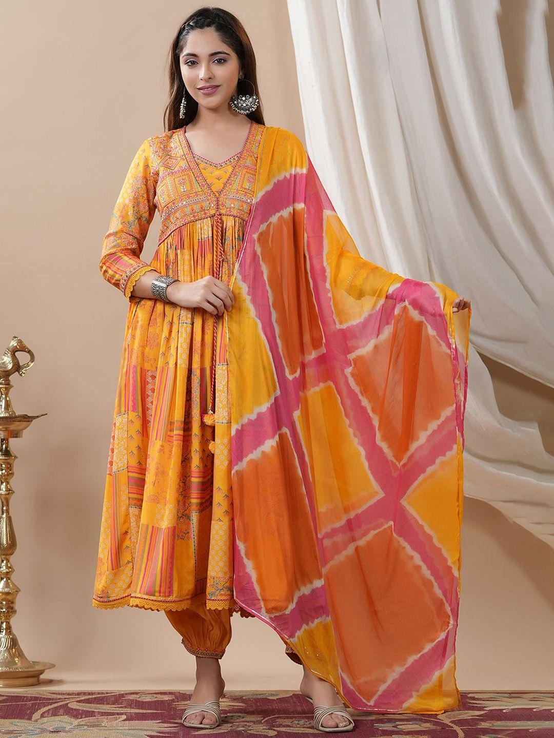 kalini women yellow ethnic motifs printed empire thread work pure cotton kurta with salwar & with dupatta