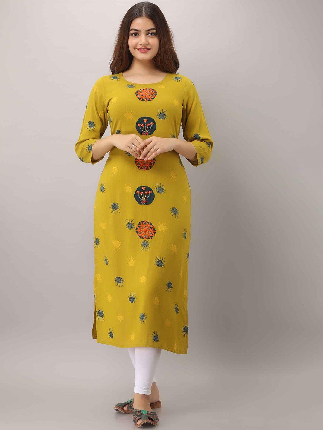 kalini women yellow ethnic motifs printed kantha work kurta