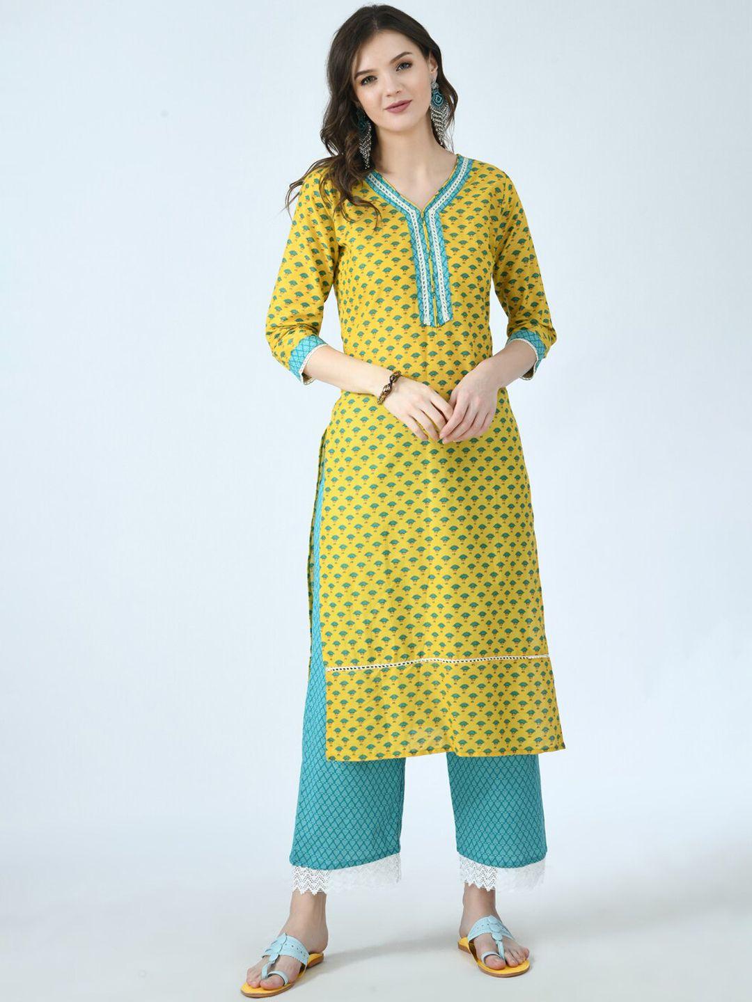 kalini women yellow ethnic motifs printed panelled gotta patti pure cotton kurta with trousers