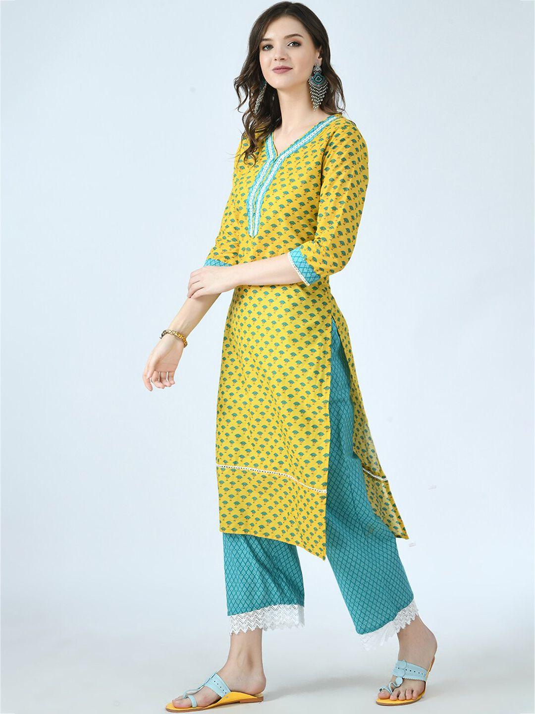 kalini women yellow ethnic motifs printed panelled pure cotton kurti with trousers