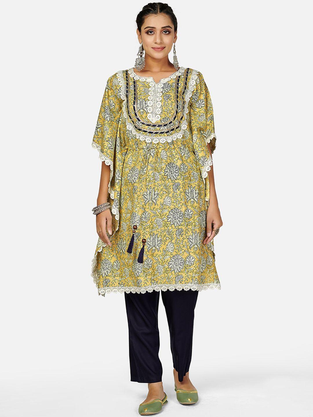 kalini women yellow ethnic motifs printed pleated thread work pure cotton kurti with trousers