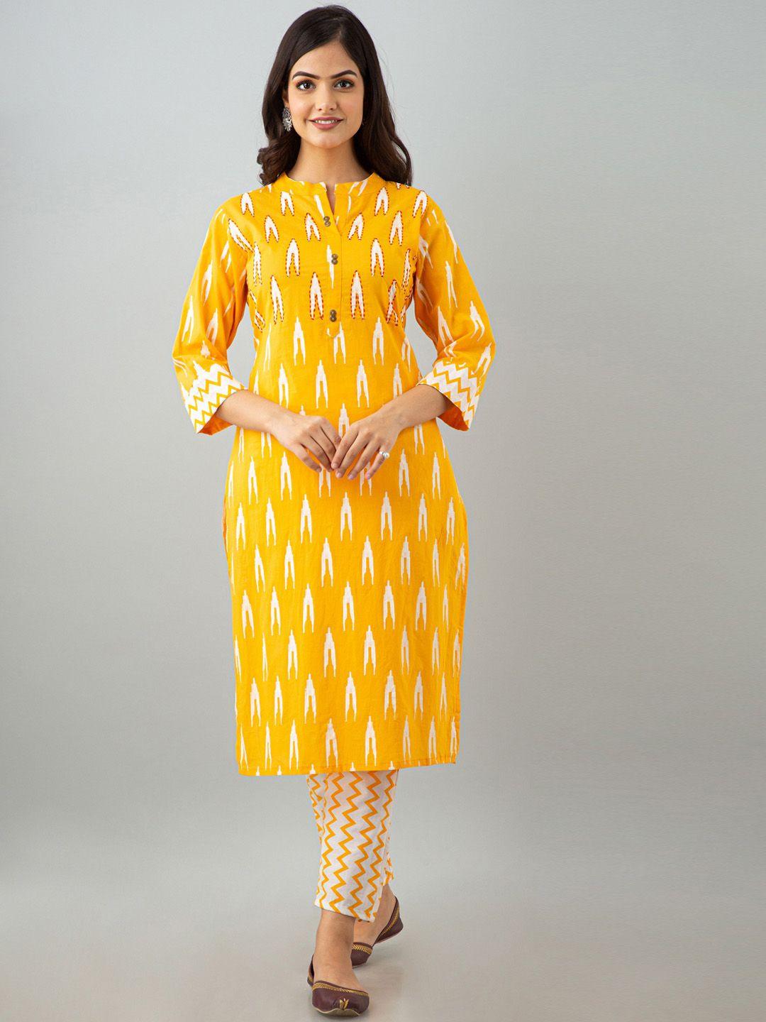 kalini women yellow ethnic motifs printed pure cotton kurta with trousers