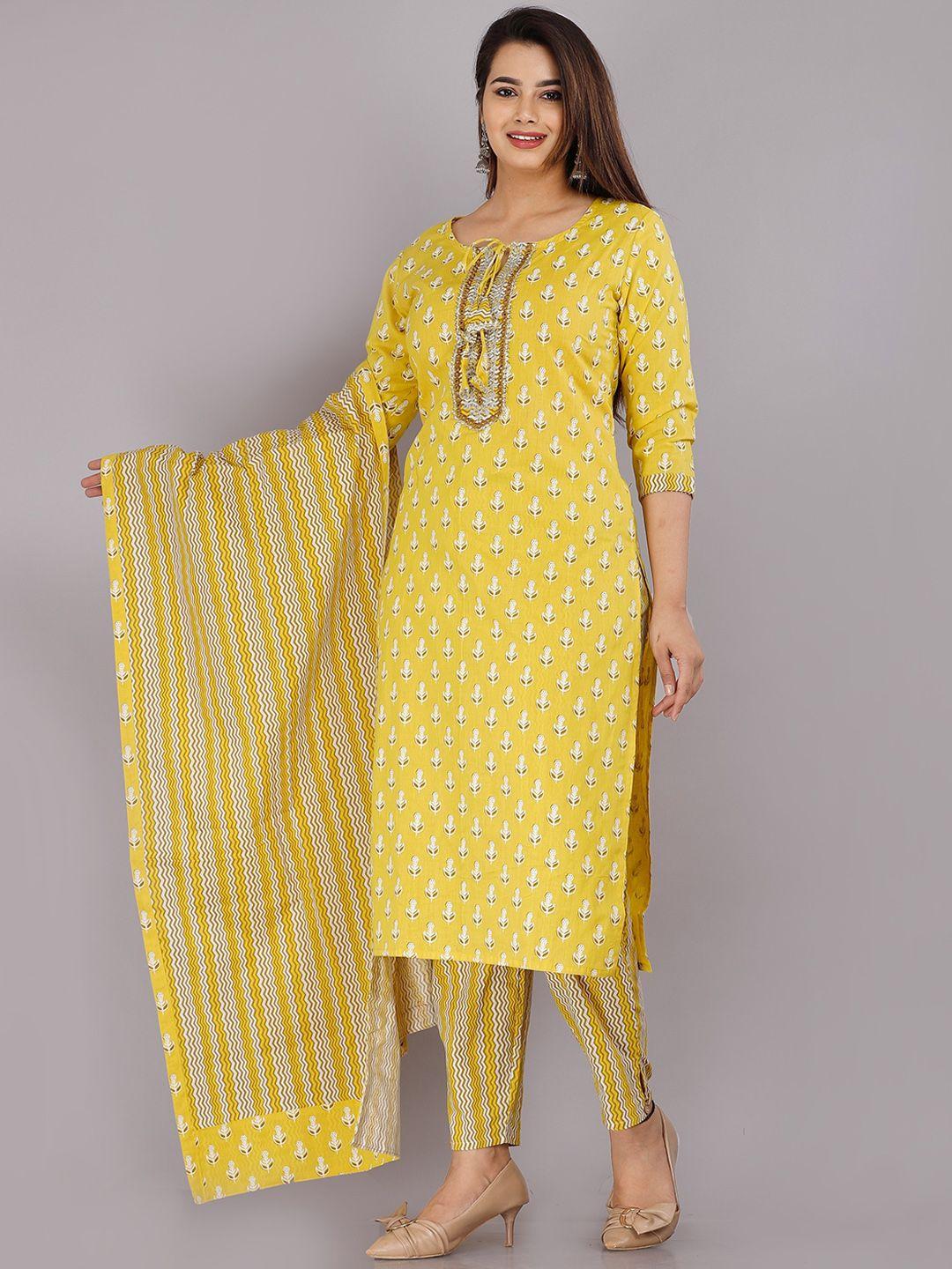 kalini women yellow ethnic motifs printed pure cotton kurta with trousers