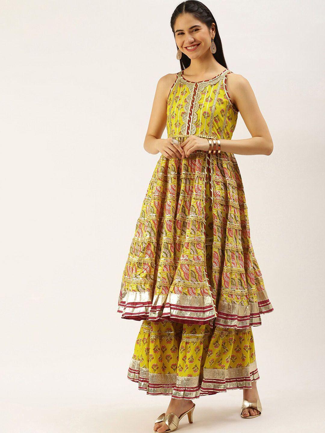 kalini women yellow ethnic motifs printed regular gotta patti pure cotton kurta with sharara & with dupatta