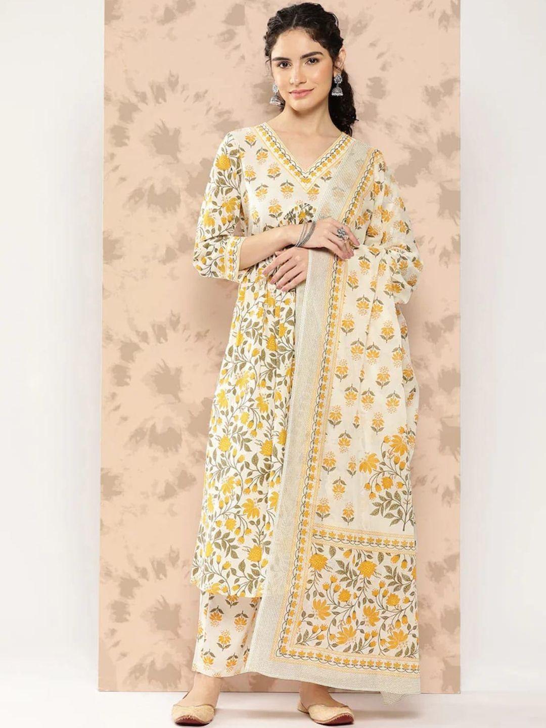 kalini women yellow ethnic motifs yoke design empire pure cotton kurta with palazzos & with dupatta