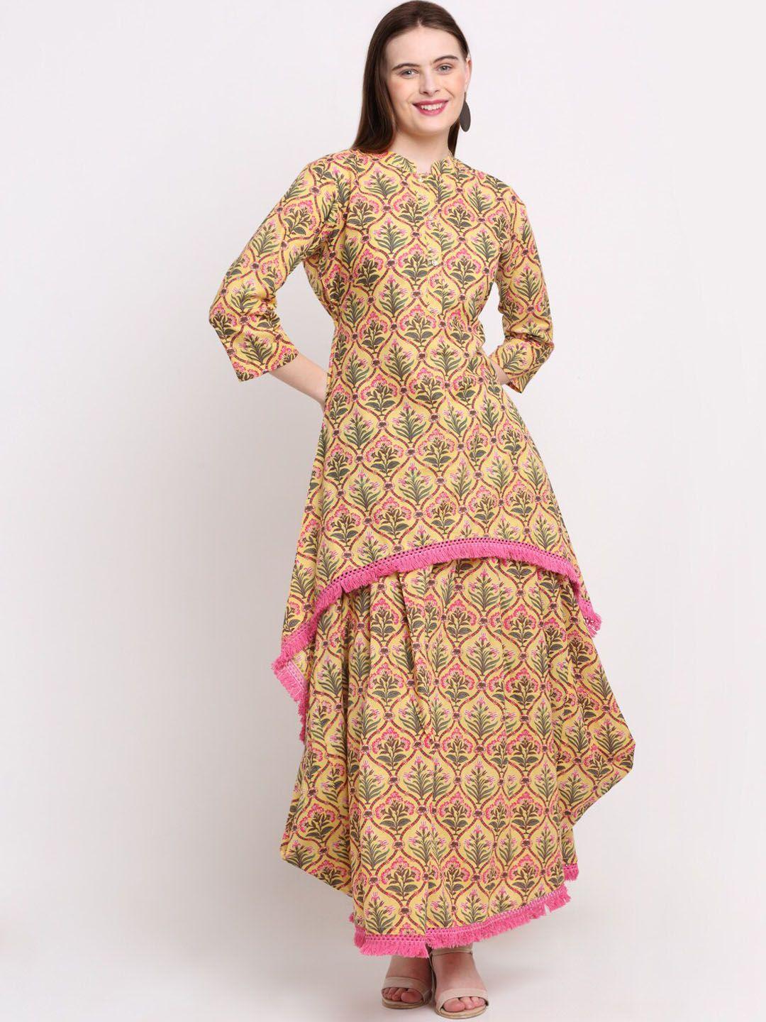 kalini women yellow floral printed angrakha sequinned pure cotton kurta with dhoti pants