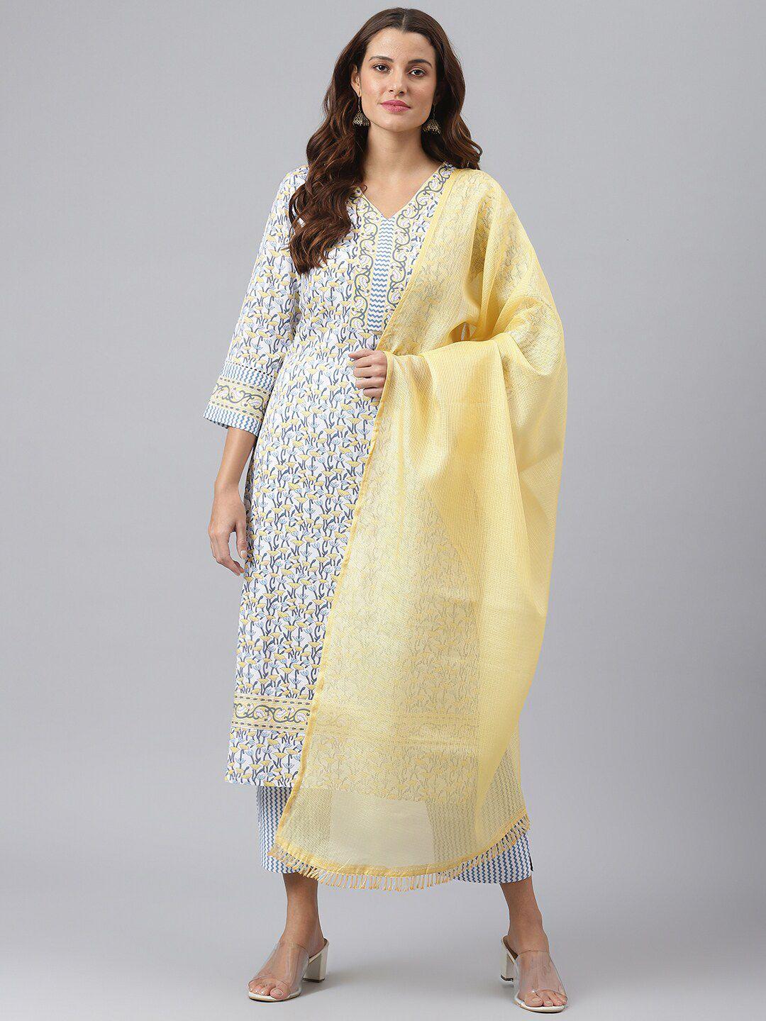 kalini women yellow floral printed kurta with trousers & with dupatta