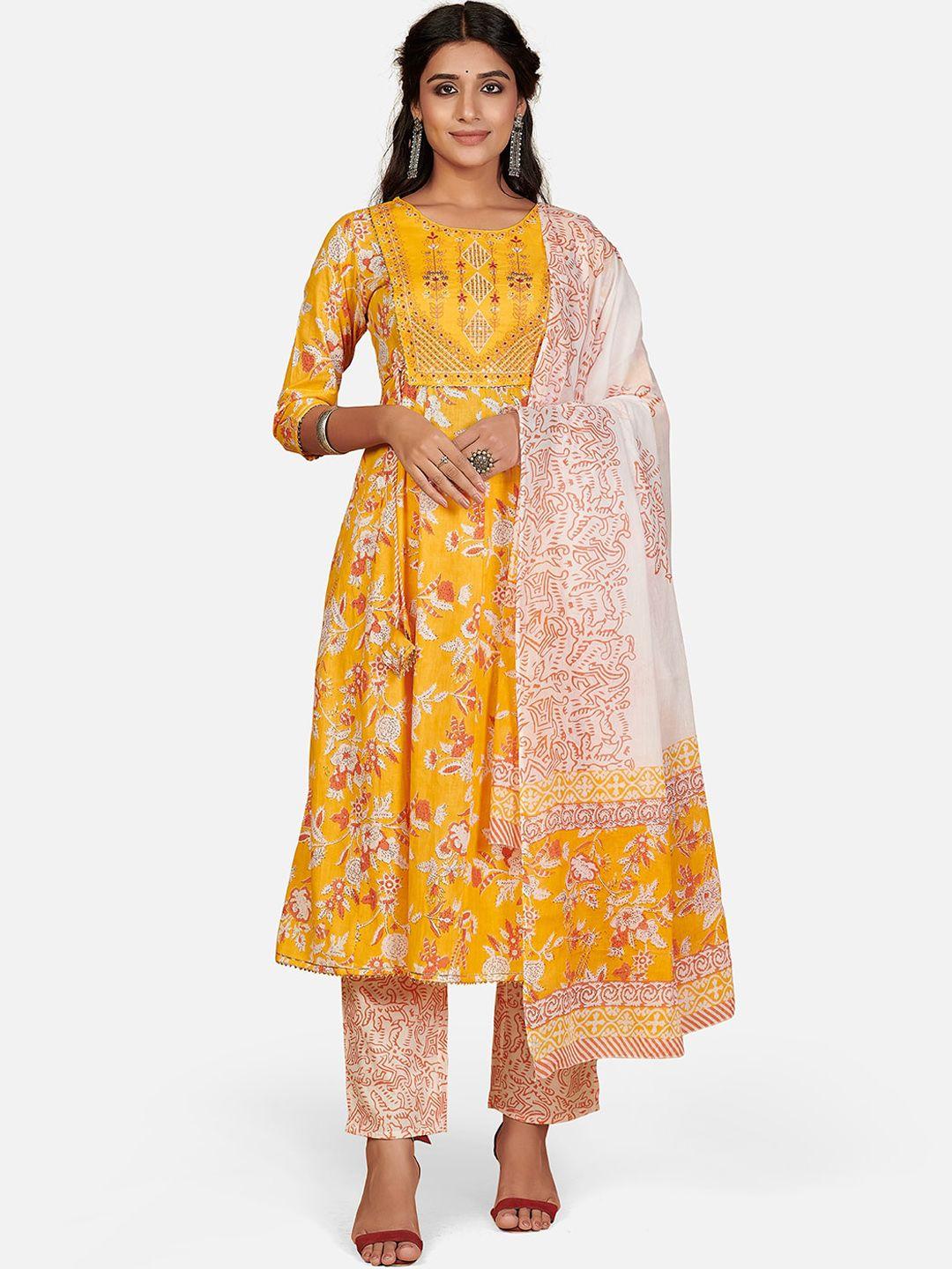 kalini women yellow floral printed pleated thread work pure cotton kurta with trousers & with dupatta