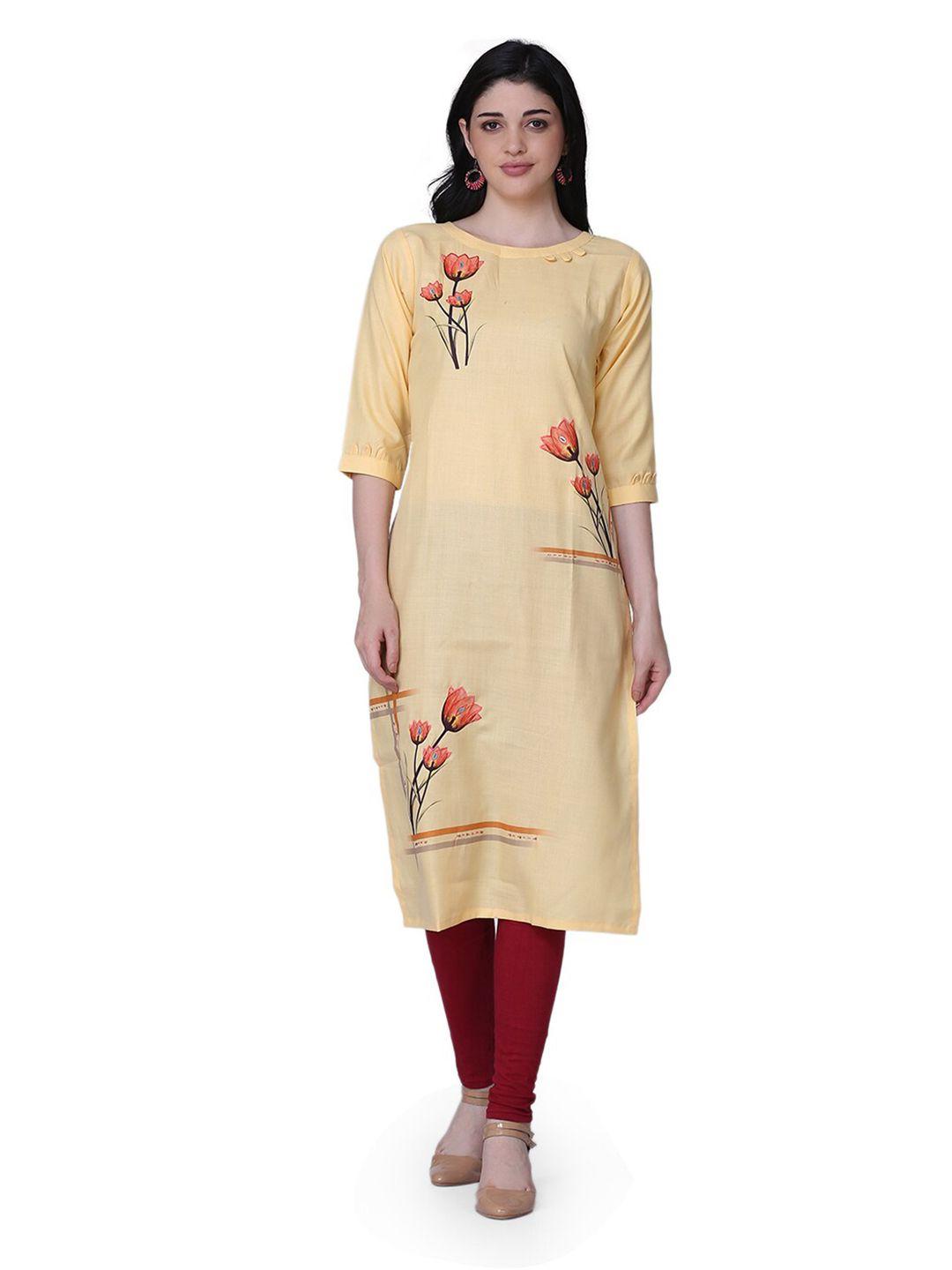 kalini women yellow floral printed thread work floral pure cotton kurta
