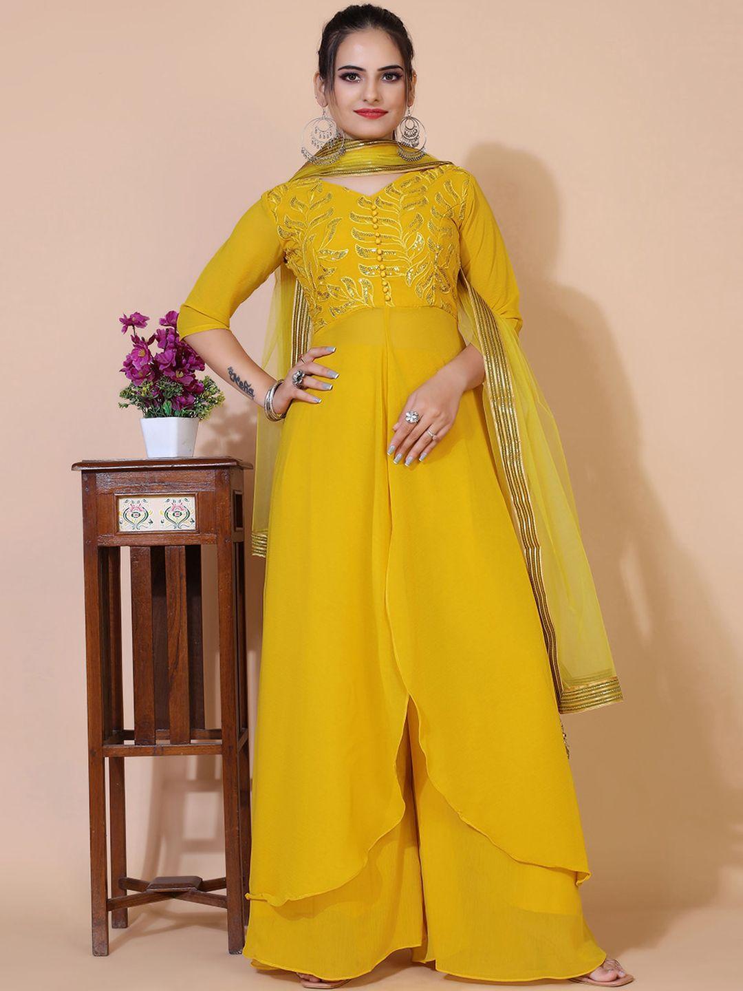 kalini women yellow floral yoke design regular sequinned silk chiffon kurti with palazzos & with dupatta