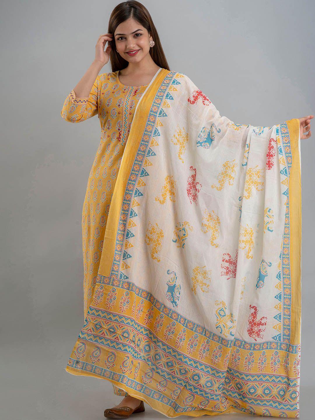 kalini women yellow paisley printed regular mirror work pure cotton kurta with pyjamas & with dupatta