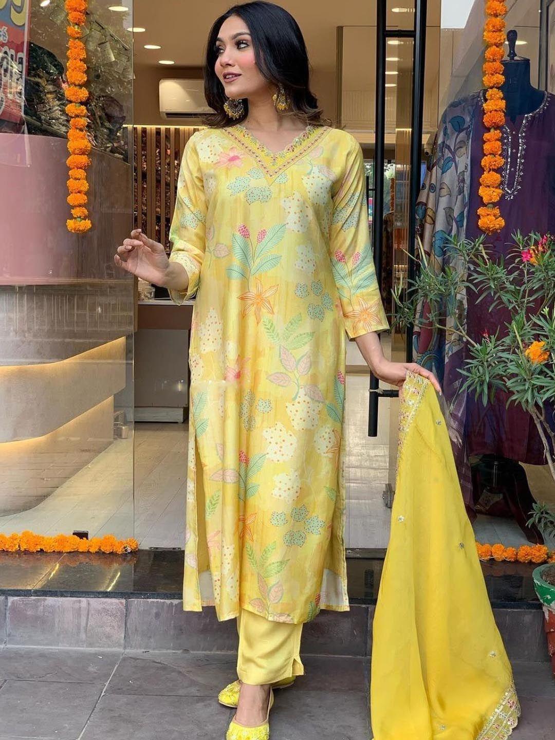 kalini women yellow printed kurta with trousers & with dupatta