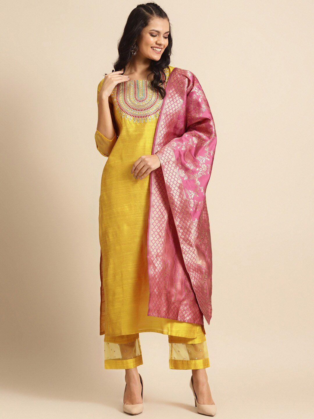 kalini women yoke design regular sequinned kurta with palazzos & with dupatta