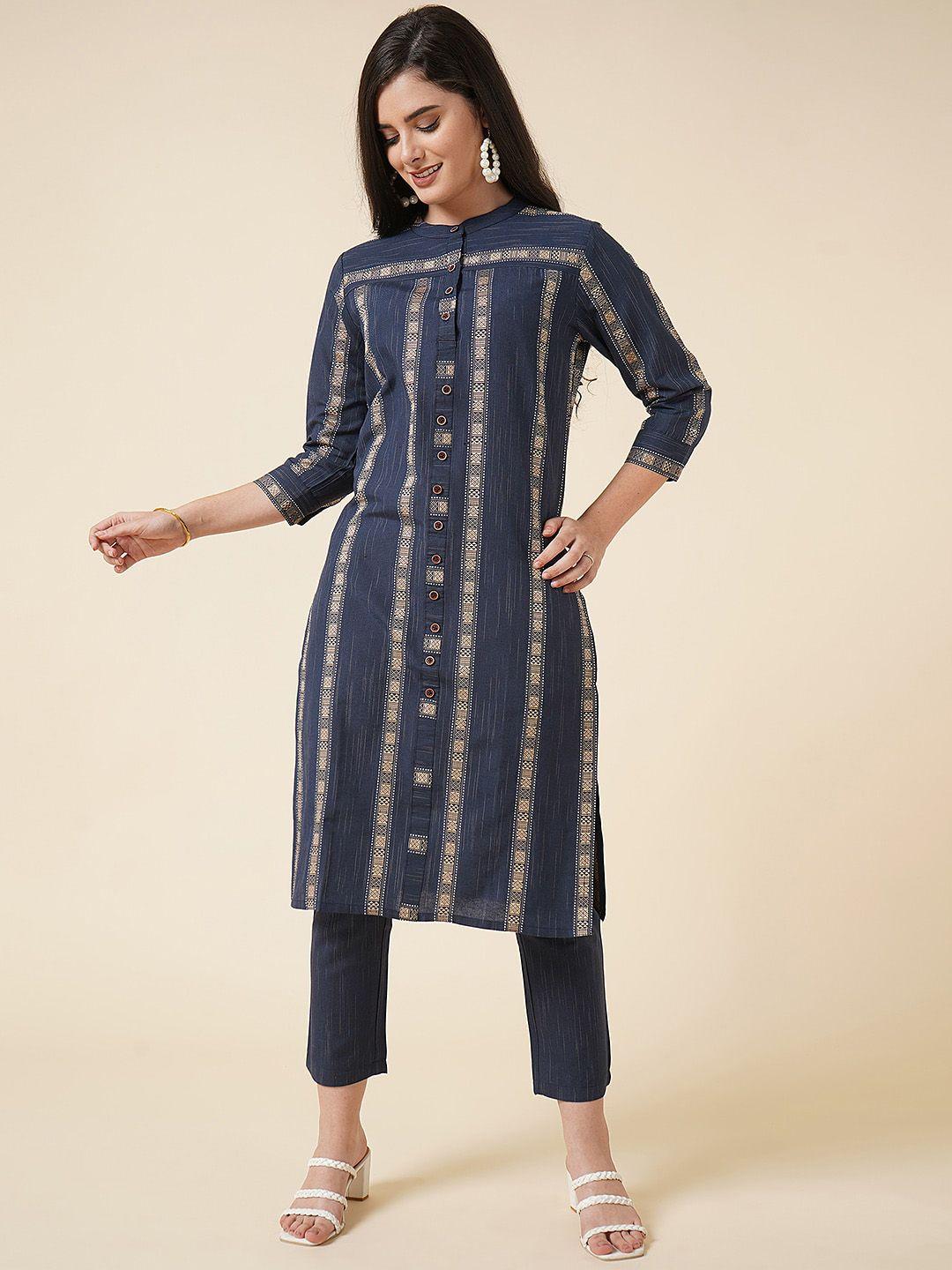 kalini woven design band collar straight kurta with trousers