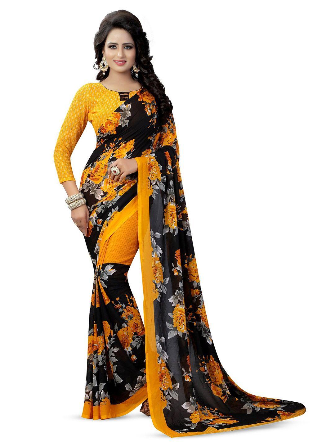 kalini yellow & black floral printed art silk saree