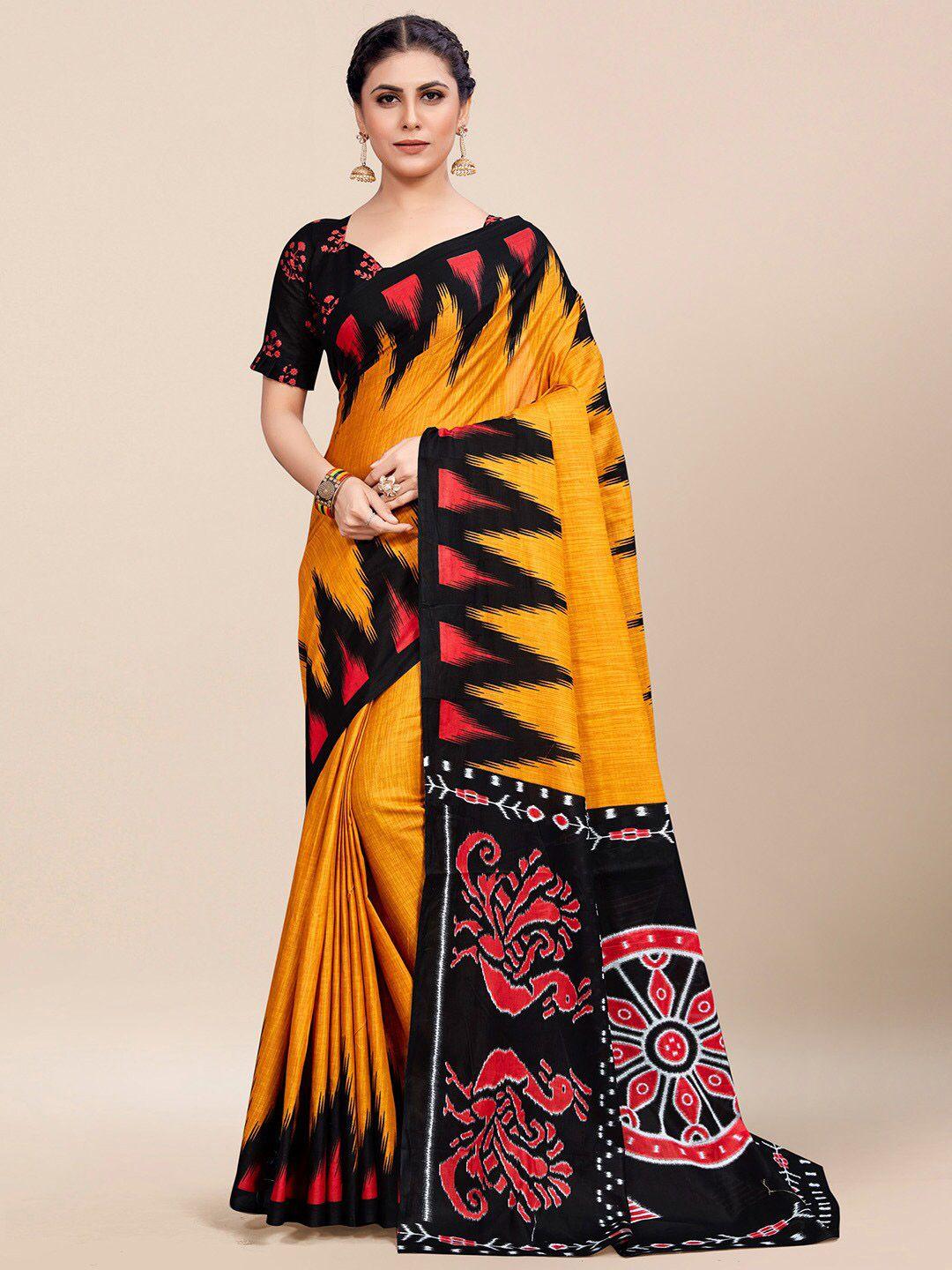 kalini yellow & black pure cotton ikat saree