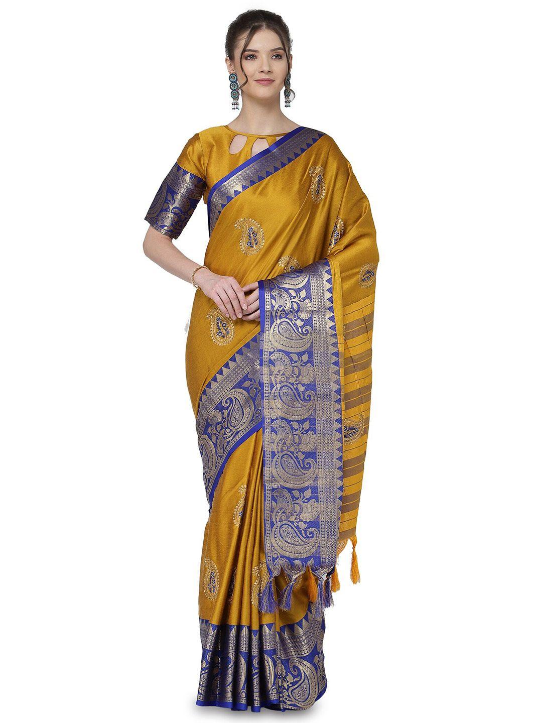 kalini yellow & blue floral embroidered silk cotton  banarasi saree