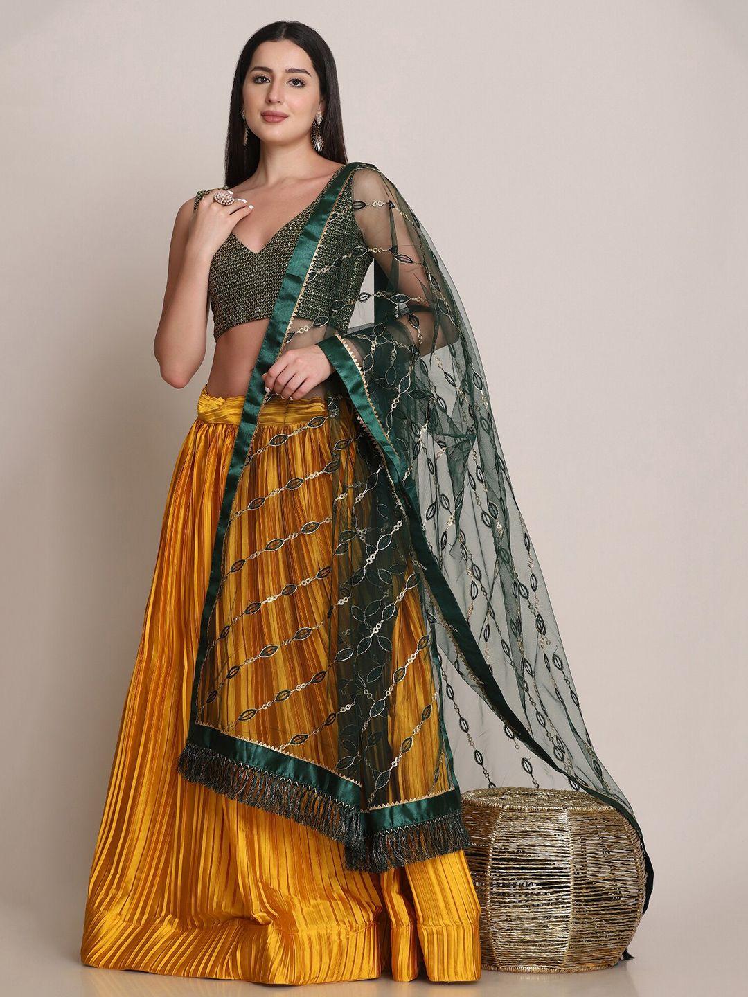 kalini yellow & green embroidered thread work semi-stitched lehenga & unstitched blouse with dupatta