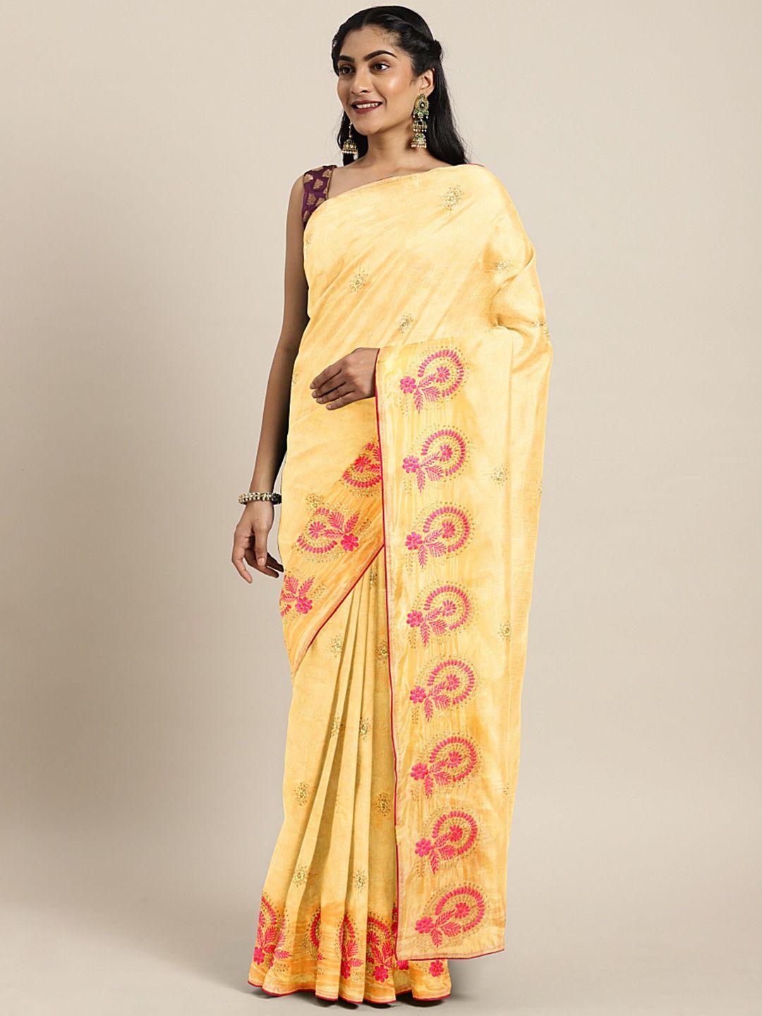 kalini yellow & pink floral embroidered zari silk blend saree