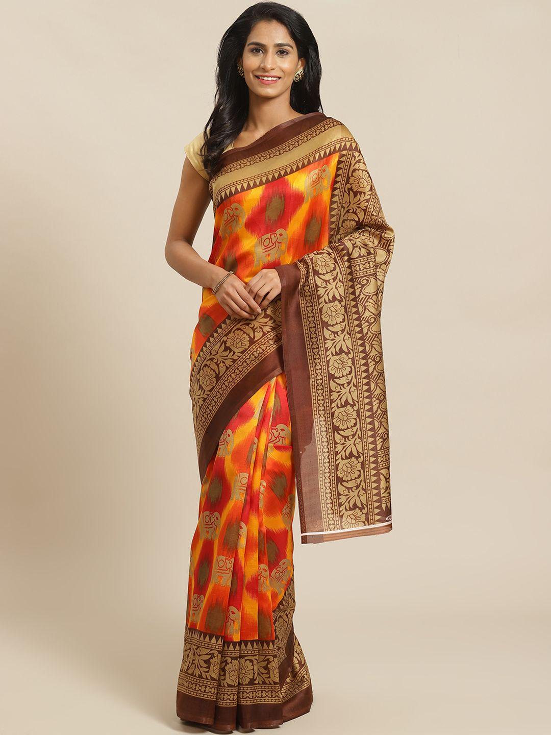 kalini yellow & red abstract print mysore silk saree