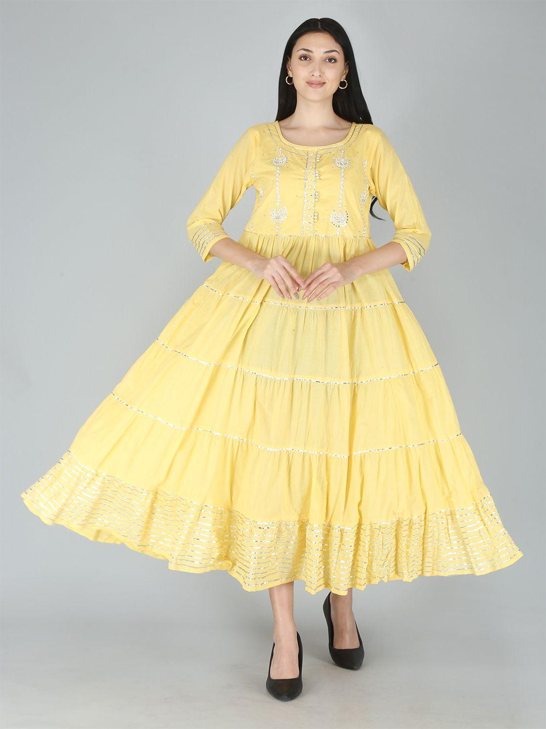 kalini yellow & silver-toned ethnic motifs round neck cotton a-line dress